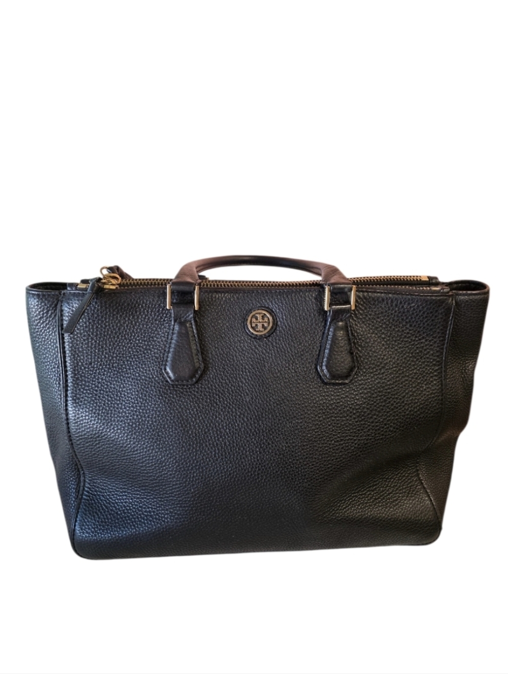 Tory Burch Black Pebbled Leather Tote Luxury Minimalist Chic Preppy Handbag - Picture 2 of 16